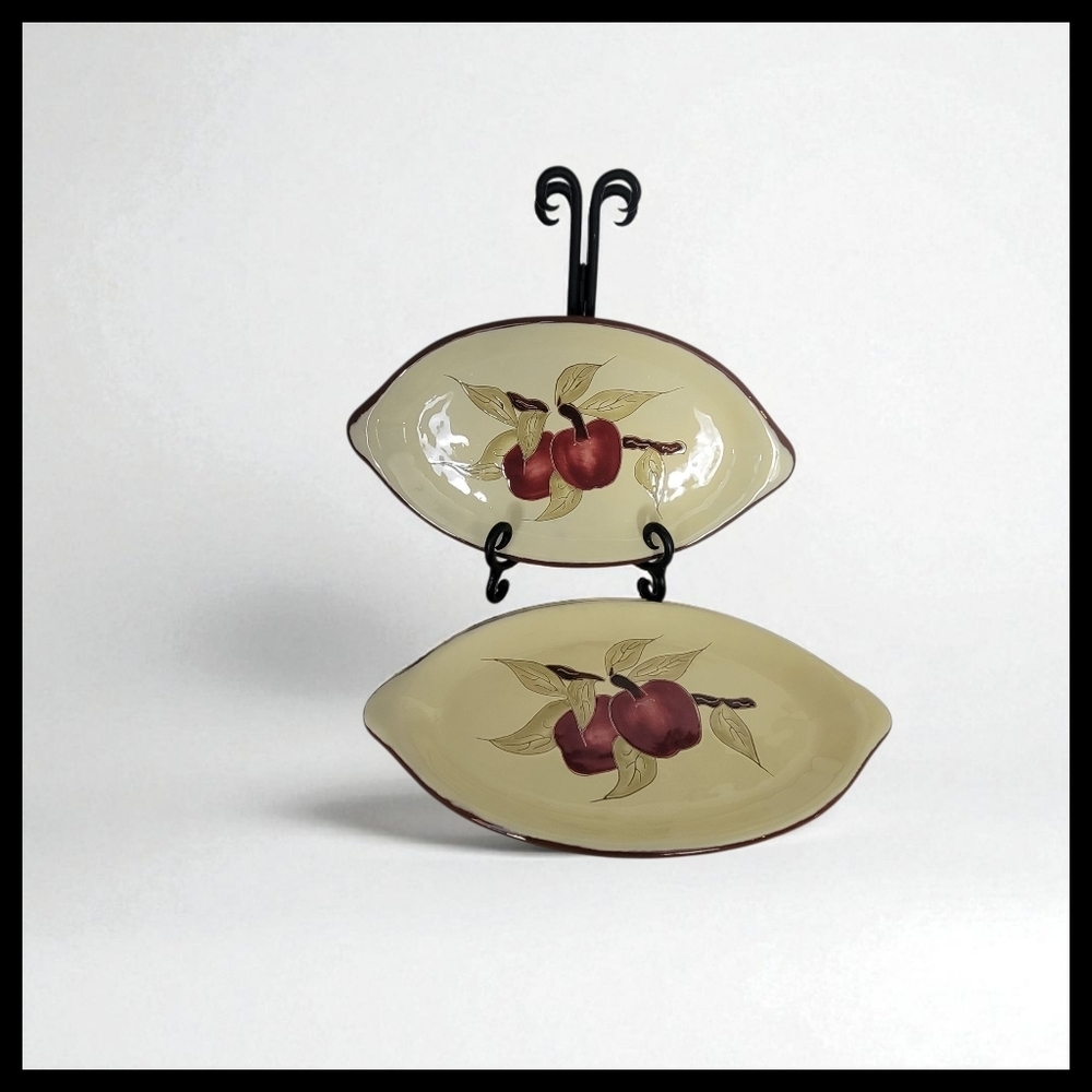 Redware Pottery set of 2 Apple Serving Oval Plate Thanksgiving Hand painted
